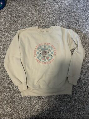 Cream Graphic Crewneck Sweatshirt - "Fueled by Iced Coffee and Anxiety"